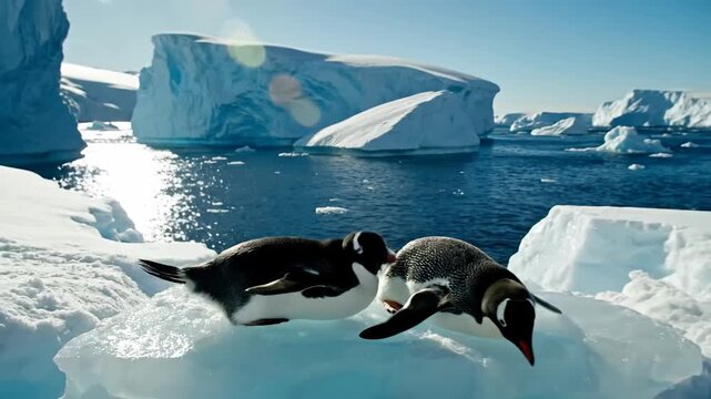 Two penguins waddling and interacting on icy Antarctic waters