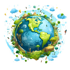 Colorful Earth Planet with Cartoon Characters
