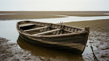 Obraz premium Weathered wooden rowboat resting on a muddy, low-tide shoreline under a gray sky
