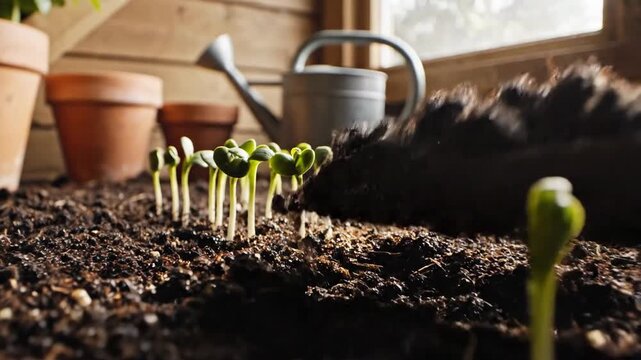 Tiny Seedlings Emerging From Dark Moist Earth With Sunlight