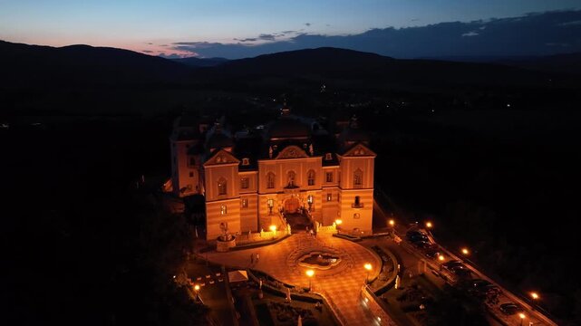 Aerial night view of Halic Castle in the village of Halic in Slovakia