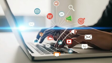 Person engaging in multiple digital marketing activities using a laptop, representing online business strategy technology motion animated video 4k. - Powered by Adobe