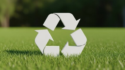 White recycling symbol rests on lush green grass, soft focus background