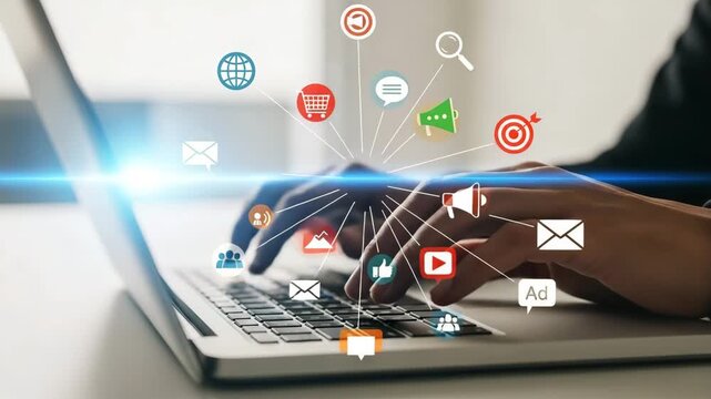 Person engaging in multiple digital marketing activities using a laptop, representing online business strategy technology motion animated video 4k.