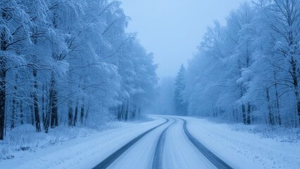 Winding snowy road through frosted forest, ethereal winter atmosphere