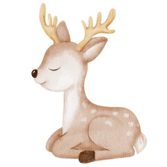 Watercolor cute deer for winter and Christmas illustration. Perfect for nursery decor, kids card, holiday design, woodland theme and cozy seasonal greeting.
