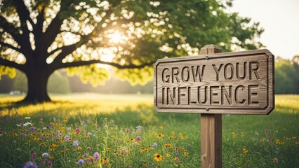 Wooden sign in sun-drenched meadow reads "GROW YOUR INFLUENCE