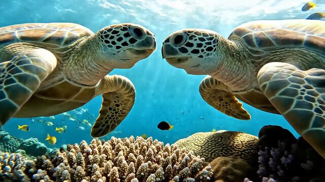 Two sea turtles interacting near coral in a sunlit ocean