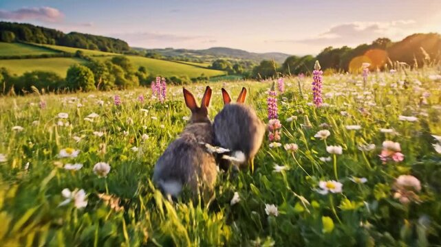 Two rabbits playfully chasing each other in a field