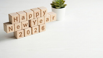 Minimalist wooden calendar blocks Happy New Year 2026 on white