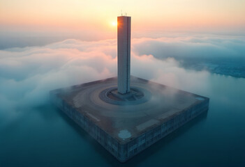 A fine art aerial photograph blending industrial construction with the serene beauty of a pastel dawn sky and river mist.
