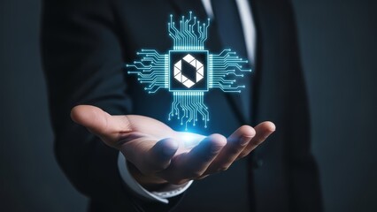A business professional holds a futuristic digital technology symbol in their palm in a modern office