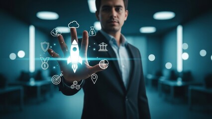 A business professional in a modern office interacts with digital icons representing technological innovation and progress
