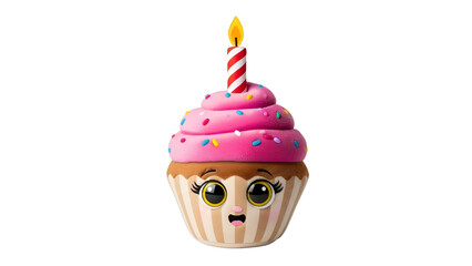 Isolated Cute Cartoon Cupcake Illustration with Pink Frosting, Sprinkles, and Lit Candle