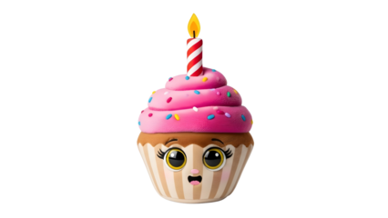 Isolated Cute Cartoon Cupcake Illustration with Pink Frosting, Sprinkles, and Lit Candle