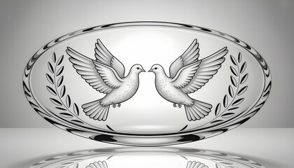 Two white doves with open wings face each other on a clear glass plate with laurel branches on each side creating a peaceful elegant and symmetrical design