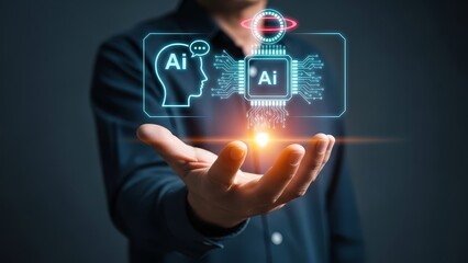 A person holding a holographic display showcasing artificial intelligence and technological innovation concepts