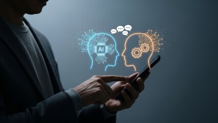 A person holding a smartphone with digital graphics representing artificial intelligence and human-machine interaction