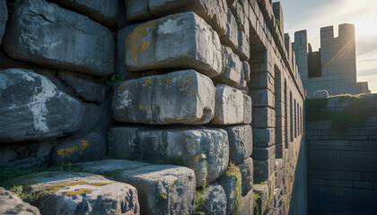 Massive stone blocks form an ancient wall weathered by time with moss and lichen clinging to surfaces bathed in soft sunlight