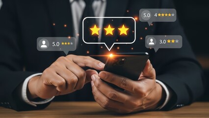 A person in a dark suit holding a smartphone and leaving a five-star review on the screen