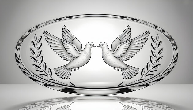 Two white doves with open wings face each other on a clear glass plate with laurel branches on each side creating a peaceful elegant and symmetrical design