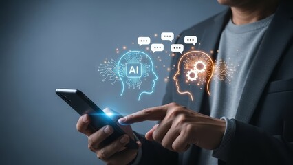 A person interacts with a smartphone displaying digital art representing artificial intelligence and technological innovation