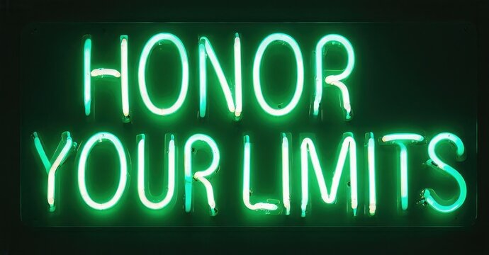 Bright green neon sign displays text. Words read Honor Your Limits against dark background. Simple, direct message.