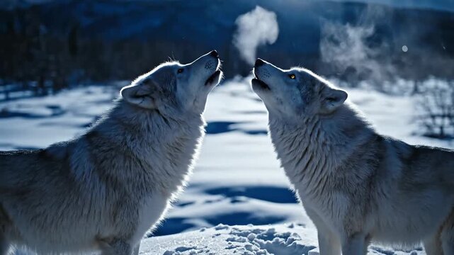 Two wolves howling in the snowy wilderness at night