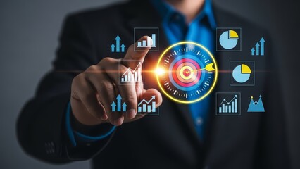 Business professional in a formal suit interacts with digital data projected in a futuristic office setting