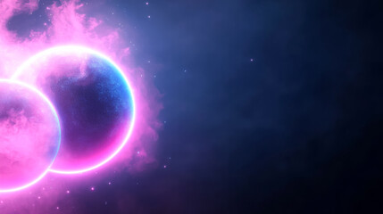 Obraz premium Electric magenta binary star system with orbiting blue planets in cosmic space