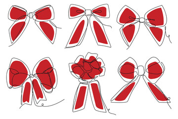 Red different ribbon bows for gift, set of continuous one-line drawings