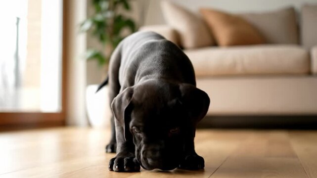 A playful black cane corso puppy dog pet exploring a modern living room with a wooden floor