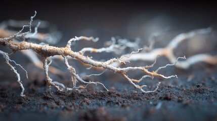 Branched mycelium on moist soil. Light beige gifs, defocused background, macro perspective, horizontal frame.