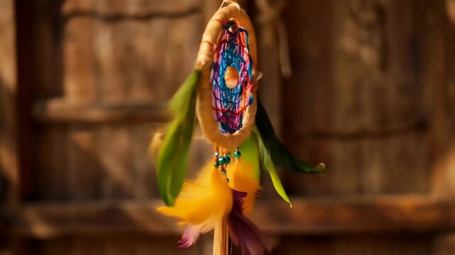 Crafting a dream catcher with colorful feathers and string for home decoration at an outdoor workshop