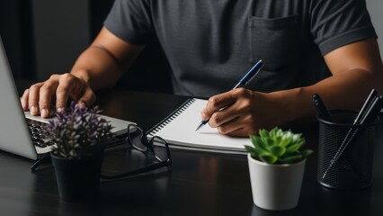 Person working diligently at a dark desk with a laptop, notebook, and potted plants in view