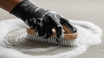 A hand wearing a black glove is scrubbing a textured matt surface with a scrub brush