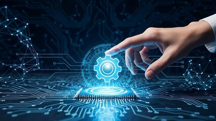 A hand in a white sleeve touching a glowing blue gear on a futuristic circuit board with interconnected lines and nodes