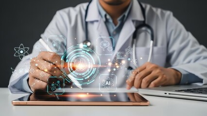 A healthcare professional interacts with a futuristic digital interface displaying medical symbols and data analysis in a clinical setting