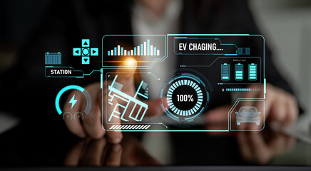 Charging interface for electric vehicles showing real-time battery level, charging status, power output, station location, and navigation for efficient energy management Latch