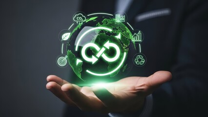 A human hand holding a futuristic digital infinity symbol surrounded by technology icons and glowing green lights