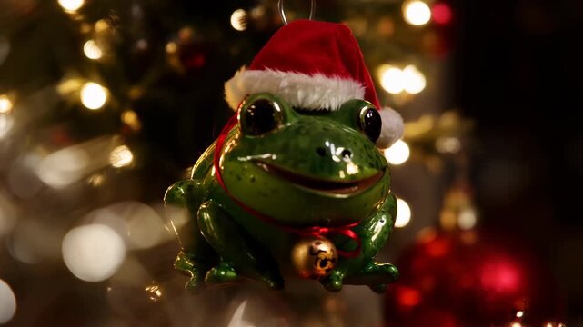 Frog ornament in Santa hat hanging on Christmas tree with lights and decorations