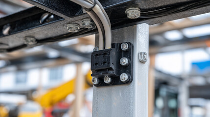 Macro shot of wire connectors and electrical cables, electrician carefully fastening them inside a ceiling junction box, black metal lamp mount in frame, high-detail electrical ins