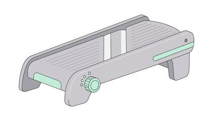 Illustration of a gray mandoline slicer with green accents, kitchen tool.
