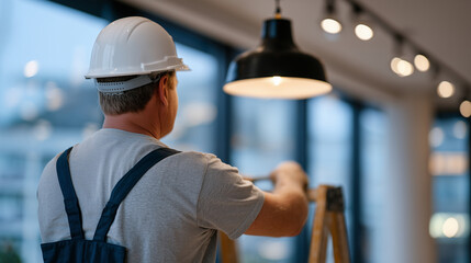 Rear view of an electrician on a ladder, fixing a black pendant lamp to the ceiling, warm light beginning to glow, minimalist loft interior, modern home lighting installation