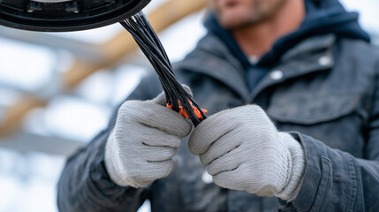 Macro detail of insulated wires being secured with terminals, electricianâs gloved hands visible, black ceiling fixture nearby, clean professional electrical work concept