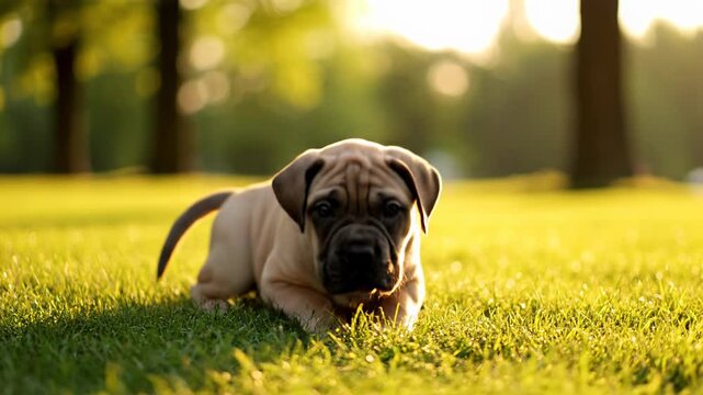 A playful cane corso puppy dog pet lies on the grass in a serene park