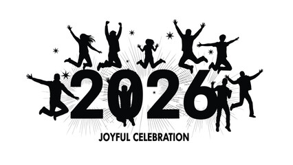 People celebrating and jumping with a new year 2026 design illustration