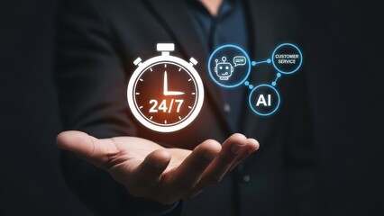 Business professional in a dark suit holding virtual digital icons representing customer service and artificial intelligence in their open palm
