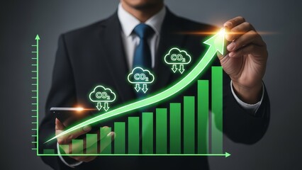 Business professional in formal suit drawing a glowing green upward trending growth chart