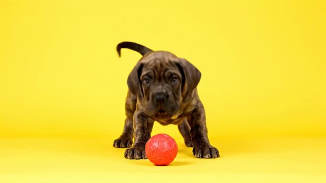 A playful cane corso puppy dog pet stands with a red ball on a bright yellow background